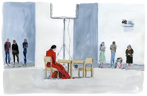 Jean-Philippe Delhomme. Marina Abramović at MoMA.  2010.  Gouache on paper.  11 x 15 inches.
