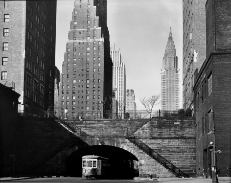 Brett Weston, Trolley, Buildings, End of 42nd Street, New York. 1945